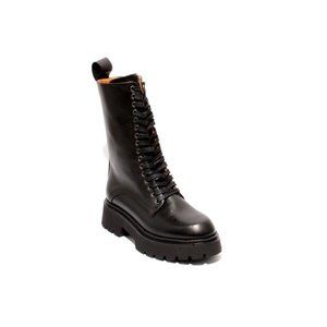 Italian Black Leather Lace Up Zip Up Mid Calf Boots